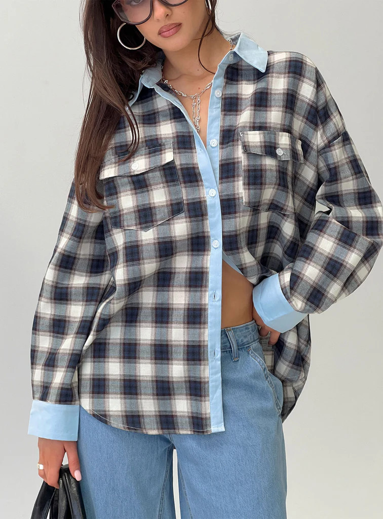 Walda Contrast Flannel Shirt Blue Check | Princess Polly US