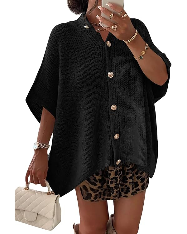 Saodimallsu Womens Oversized Cardigan Sweaters Short Sleeve Button Down Casual Lightweight Loose ... | Amazon (US)