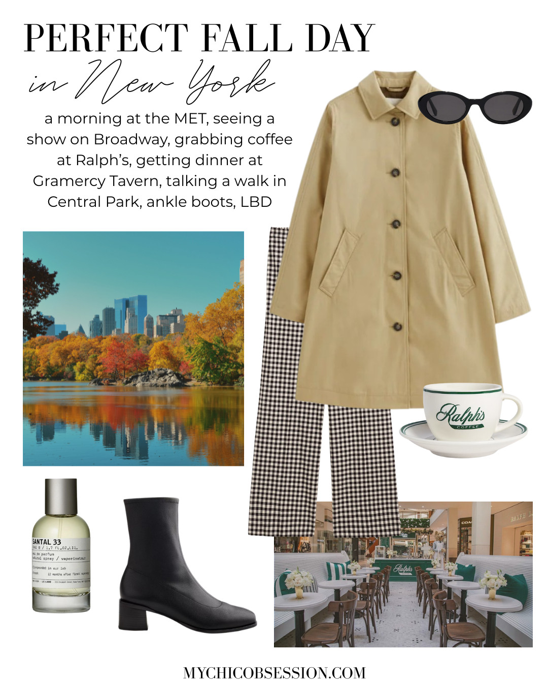 Plan your perfect fall day in New York City! And you'll need a fall outfit that matches your perfect itinerary. Try a classic Mac Coat paired with gingham pants, sleek ankle boots, chic oval sunglasses, and Santal 33. 

 #LTKSeasonal #LTKStyleTip #LTKShoeCrush