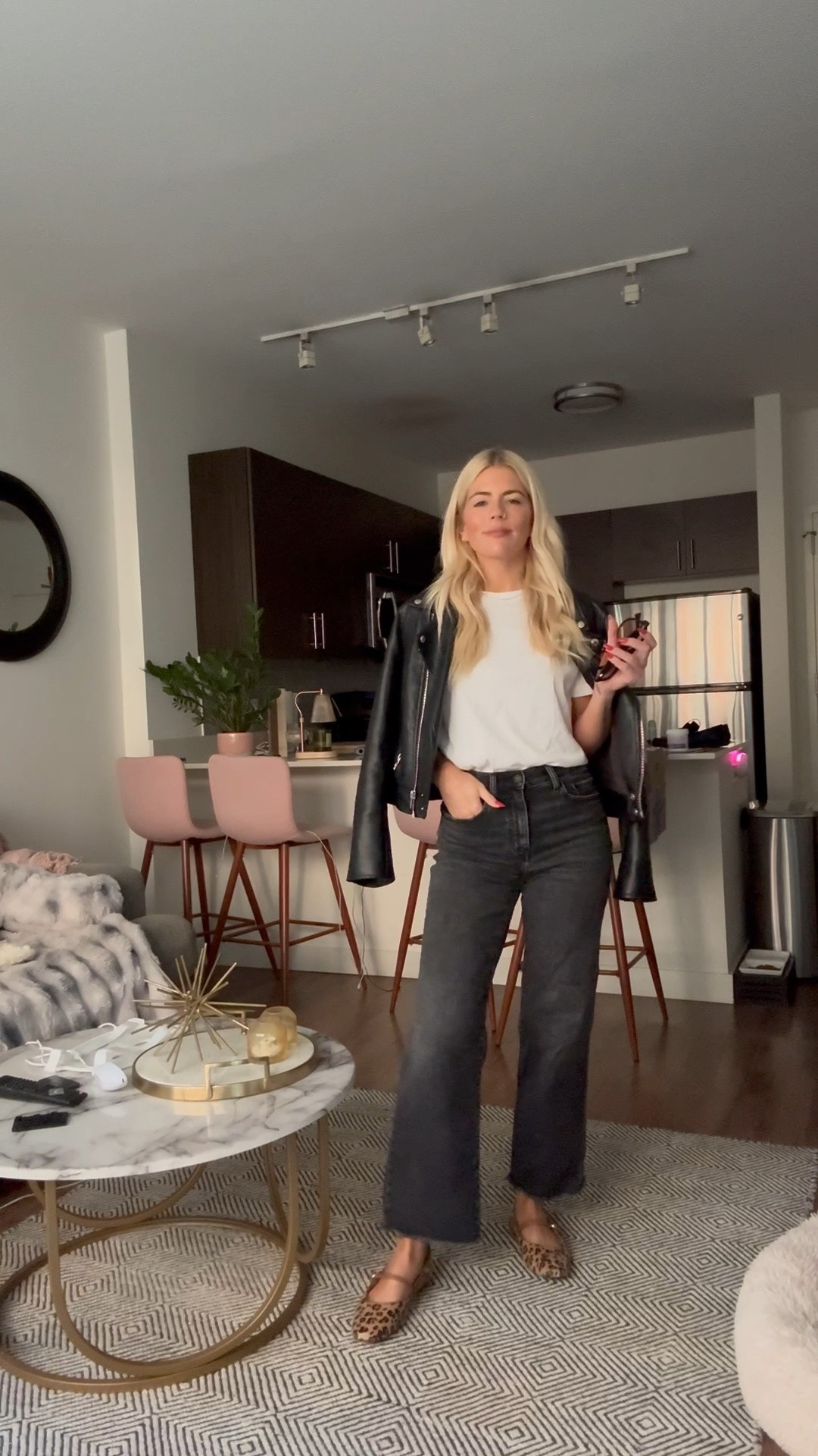 Casual night out. Black cropped denim jeans with a white tee, black moto leather jacket and cheetah ballet flats

#LTKootd