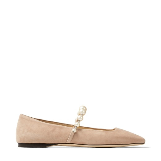 Ballet Pink Suede Flats with Pearl Embellishment | Jimmy Choo (US)