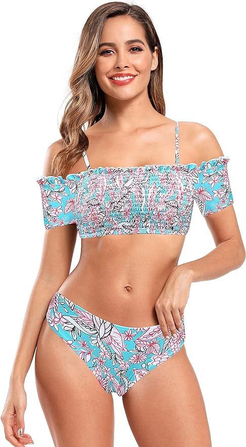 SHEKINI Women's Shirred Bandeau Bikini Set Mid Waist Floral Print Two Piece Swimsuits | Amazon (US)