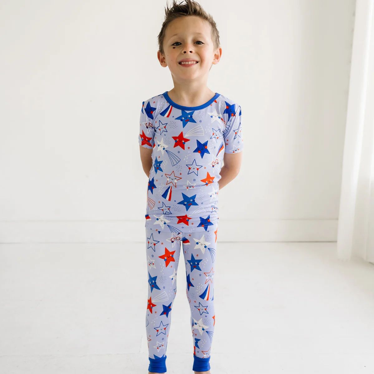 Blue Stars & Stripes Two-Piece Short Sleeve Bamboo Viscose Pajama Set | Little Sleepies