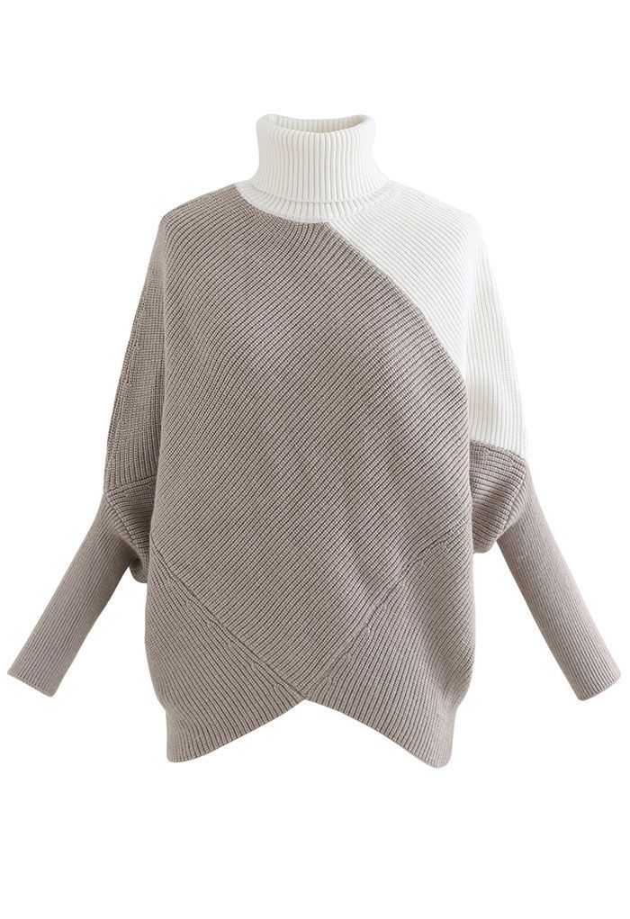 Turtleneck Batwing Sleeve Asymmetric Knit Sweater in Taupe | Chicwish