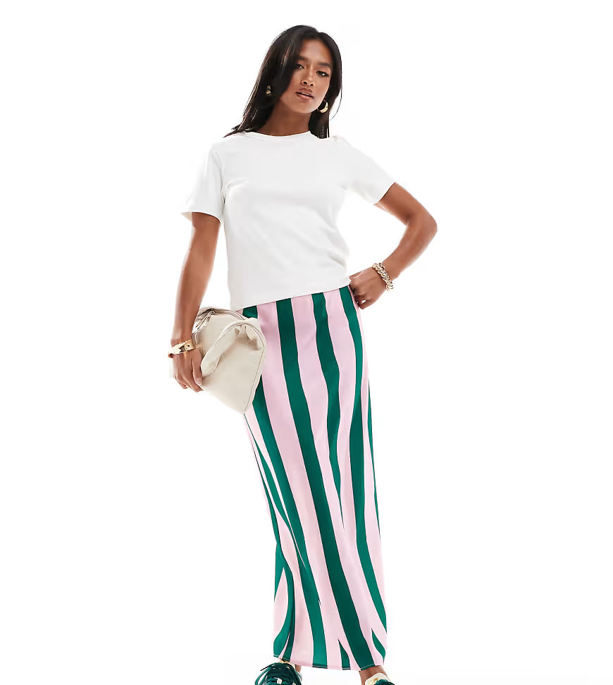 ASOS DESIGN Petite satin maxi bias skirt in pink and green stripe-Multi | ASOS (Global)