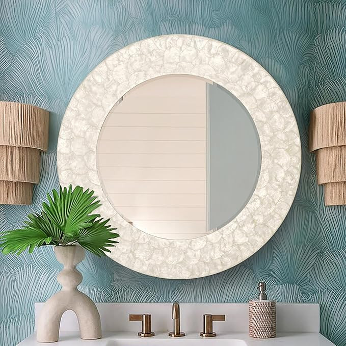 Capiz Shell Round Mirror, 30'' Coastal Mirror with Natural Capiz Seashell Frame, Decorative Circl... | Amazon (US)