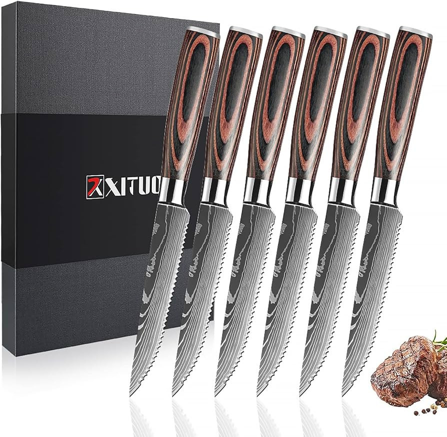 XT XITUO Steak Knives Set of 6 Piece Damascus Patterned Stainless Steel Serrated Knife Wooden Han... | Amazon (CA)