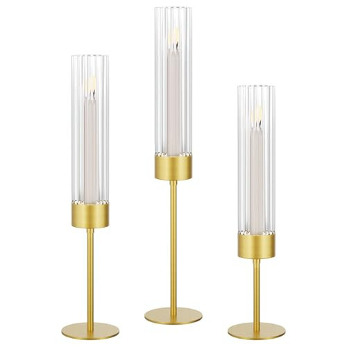 Viuieyid Hurricane Glass Candle Holders Set of 3, Premium Tall Gold Candle Stick Holder, Elegant Fluted Candle Holders for Wedding Decor Party Holiday Table Centerpiece Home Festival Decoration | Amazon (US)