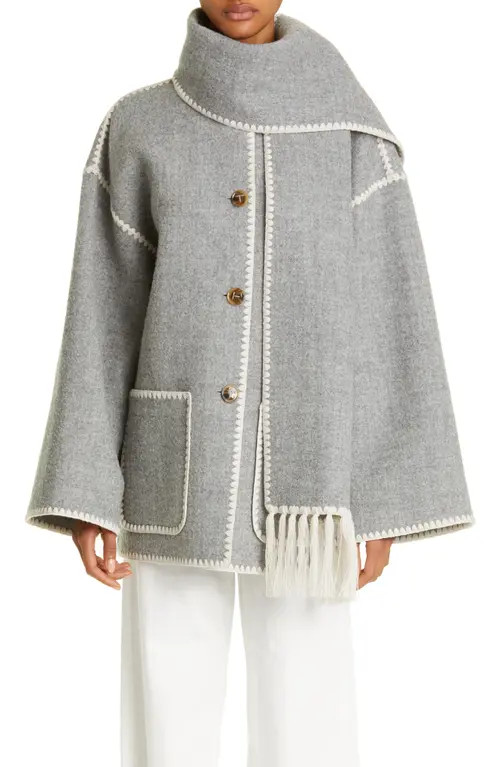 Totême Chain Stitch Wool Blend Scarf Jacket in Light Grey Melange at Nordstrom, Size 4 Us | Nordstrom