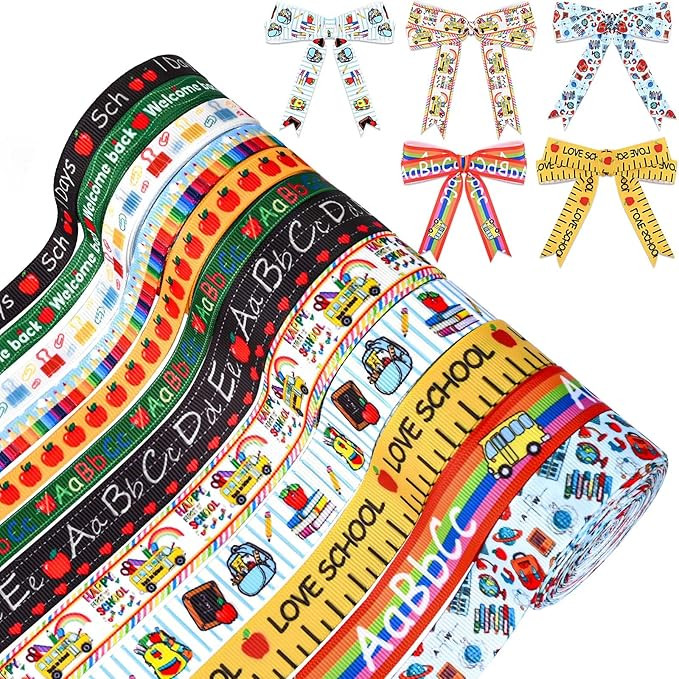 12Rolls 60 Yards Back to School Grosgrain Ribbon Colorful School Bus Pencil Book Apple Patterned ... | Amazon (US)