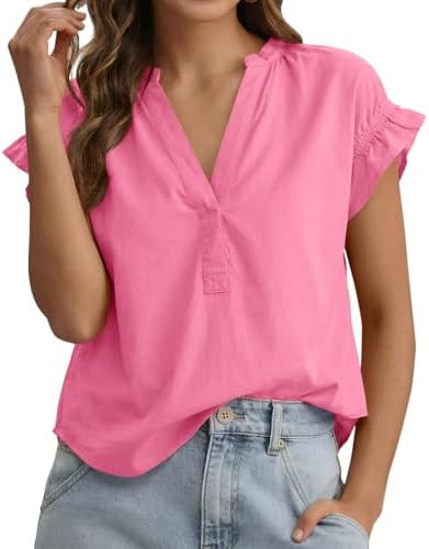 Tankaneo Womens Ruffle Cap Sleeve Tops Summer V Neck Cotton Blouse Dressy Casual Loose Fit Curved... | Amazon (US)