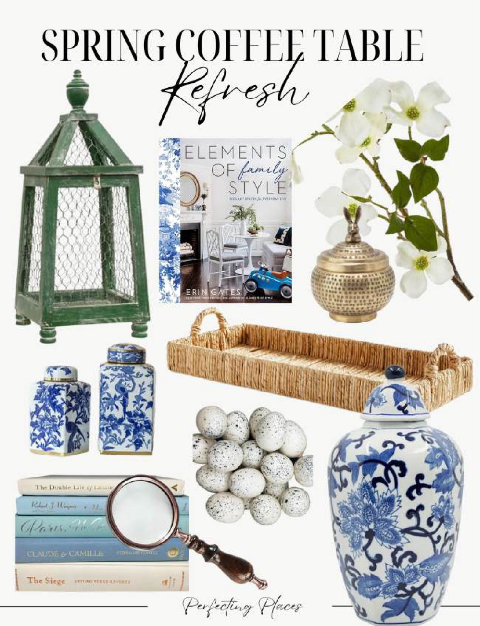 Give your coffee table a fresh new look with these blue and white and green spring decor finds. Love classic Chinoiserie style? Find blue and white ginger jars, vases, wicker trays, green wooden lantern, faux dogwood stems, spring florals, coffee table books, and white speckled eggs

#LTKStyleTip #LTKHome #LTKSeasonal