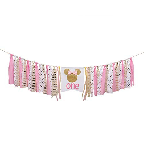 Pink and gold Minnie Mouse birthday banner, pink and gold Minnie Mouse highchair banner, pink and gold Minnie Mouse birthday decorations Girl 1st Birthday ,Photo Props Decoration, Baby Shower , Pink | Amazon (US)