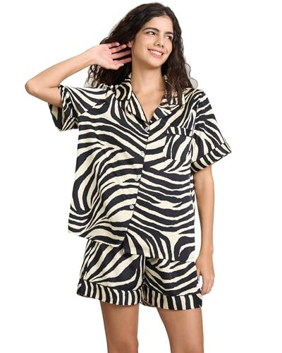 YiNi LuLu Womens Silk Satin Shorts Pajamas Set Button Down 2 Piece Pjs Short Sleeve Oversized Sleepwear with Pockets | Amazon (US)