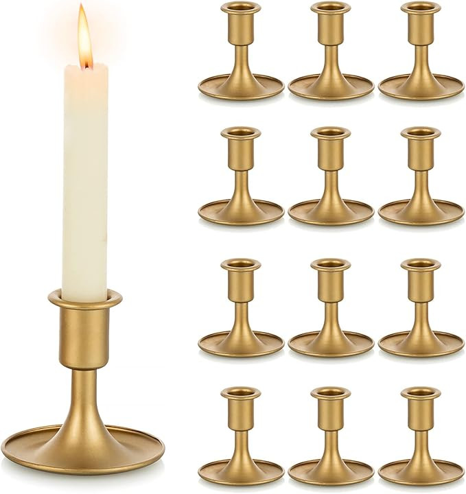 Gold Taper Candle Holder Set of 12, Hewory Short Skinny Brass Candlestick Holders, Vintage Small ... | Amazon (US)