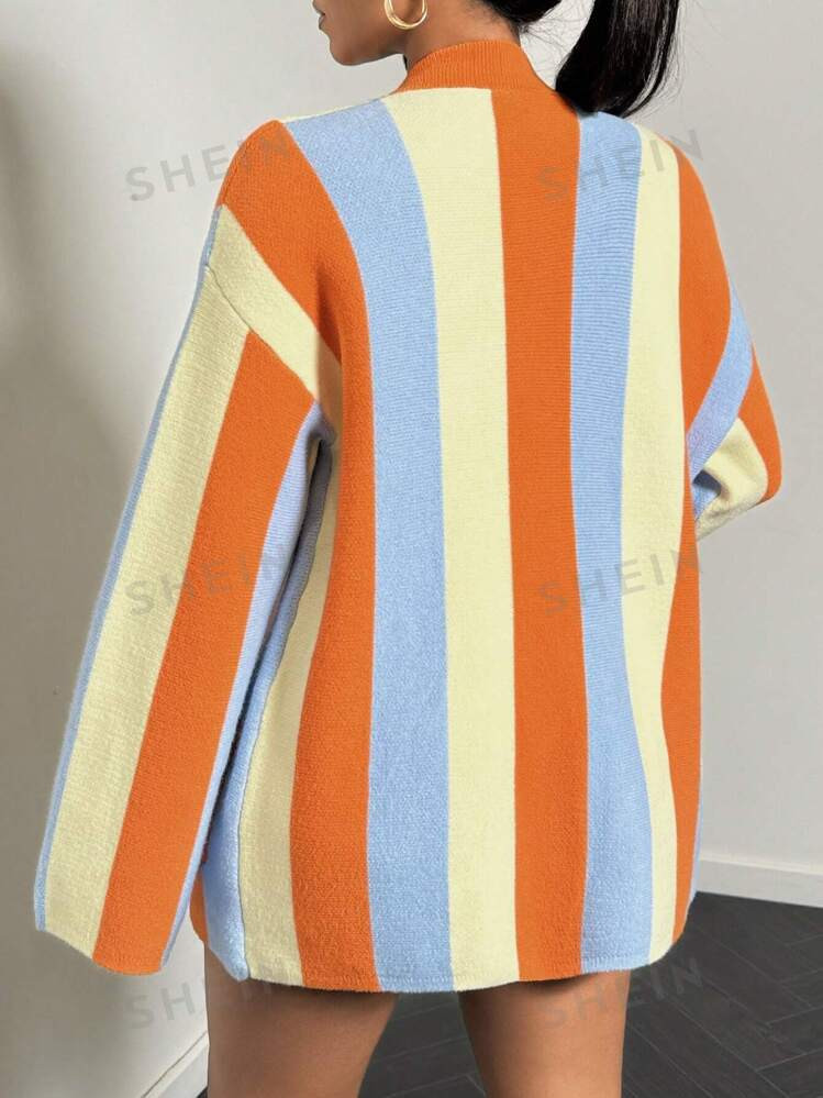 BamGleam Women's Cardigan Cardigan Knitted Sweater Button Long Sleeved Colorful Striped Pocket Ba... | SHEIN