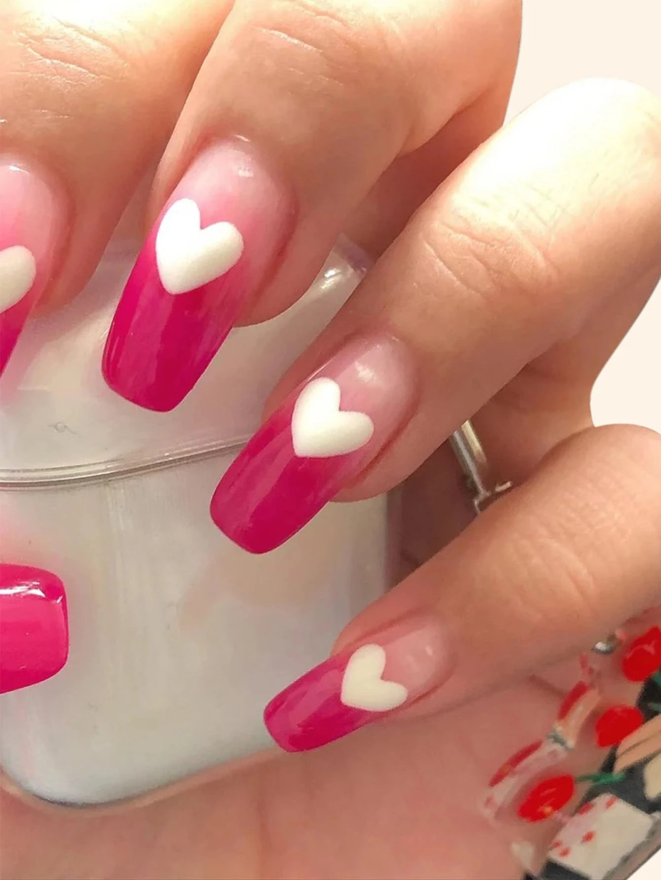 24pcs Heart Print Fake Nail & 1sheet Tape & 1pc Nail File | SHEIN