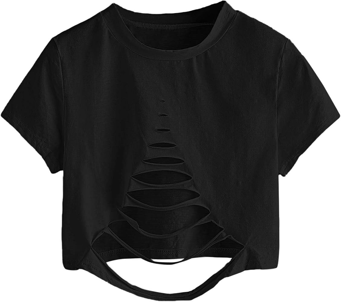 SweatyRocks Women's Short Sleeve Cutout Tee Shirt Distressed Crop Top | Amazon (US)