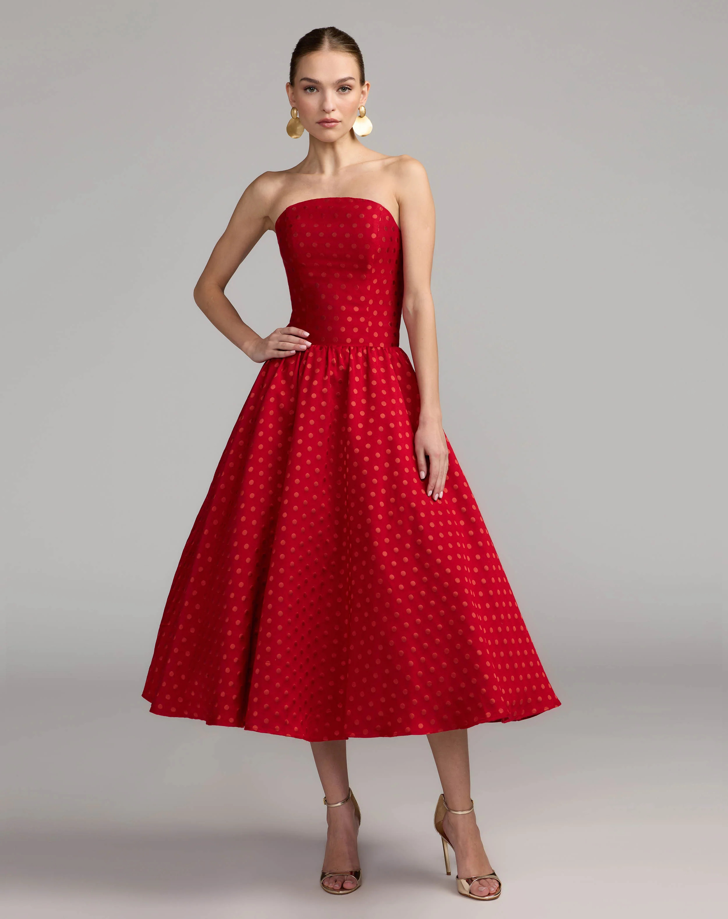 Red Strapless Polka Dot Brocade Midi Dress | Mac Duggal | Mac Duggal