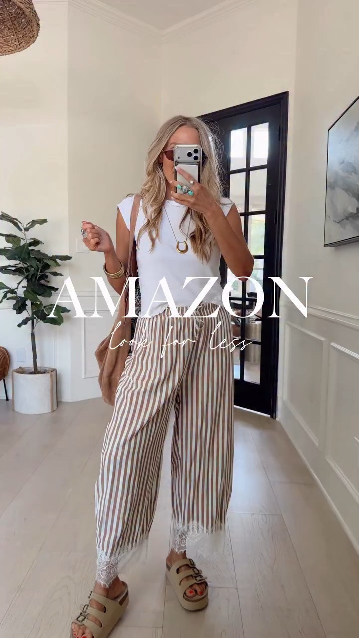 🤍New lace-hem striped pants from Amazon. They are such a moment! 🤍🤎📦

Size: S / TTS/ 5’5” / 120ish lbs