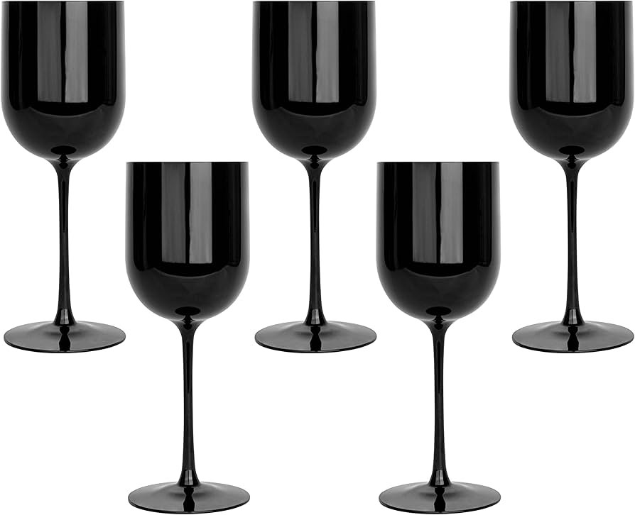 PLASTICPRO Black Plastic Wine Glasses Set of 5 Elegant Wine Goblets Hard Plastic Wine Cups on Ste... | Amazon (US)
