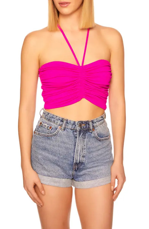 Susana Monaco Ruched Crop Halter Top in Magenta at Nordstrom, Size Large | Nordstrom