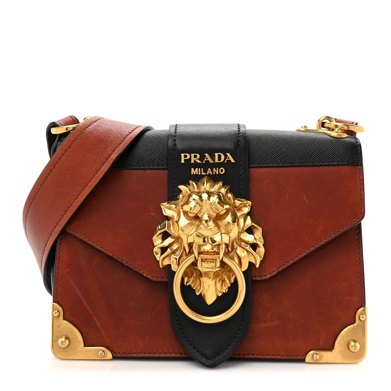 Prada Antic Soft Saffiano Lions Head Cahier Shoulder Bag Cotto Black | FASHIONPHILE (US)