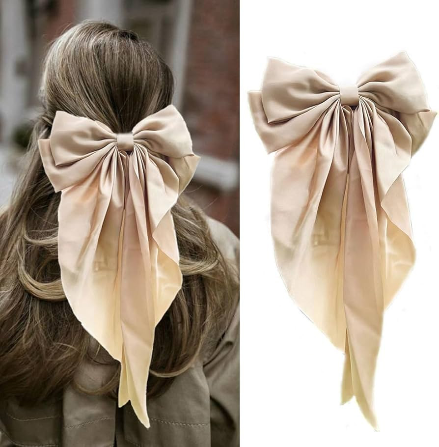 Silky Satin Oversized Long-tail Bow Clip, Large champagne color Hair Bow for Women Girl, Hair Acc... | Amazon (US)