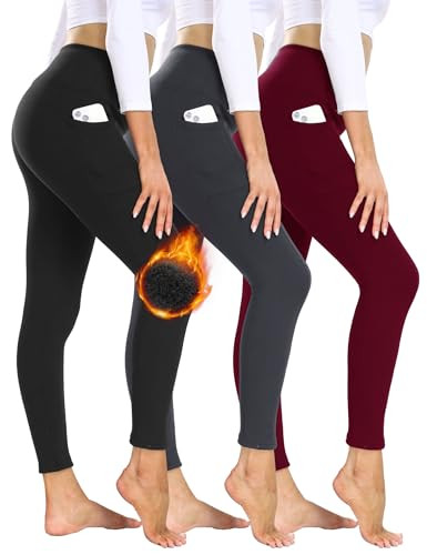 Showitty 3 Pack Fleece Lined Leggings Women with Pockets - High Waisted Plus Size Winter Thermal Yoga Pants (S-5XL) | Amazon (US)