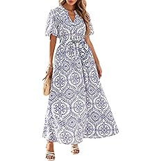 KIRUNDO Women Spring Summer Wedding Guest Boho Floral Maxi Dress Puff Sleeve Button Shirt V Neck ... | Amazon (US)