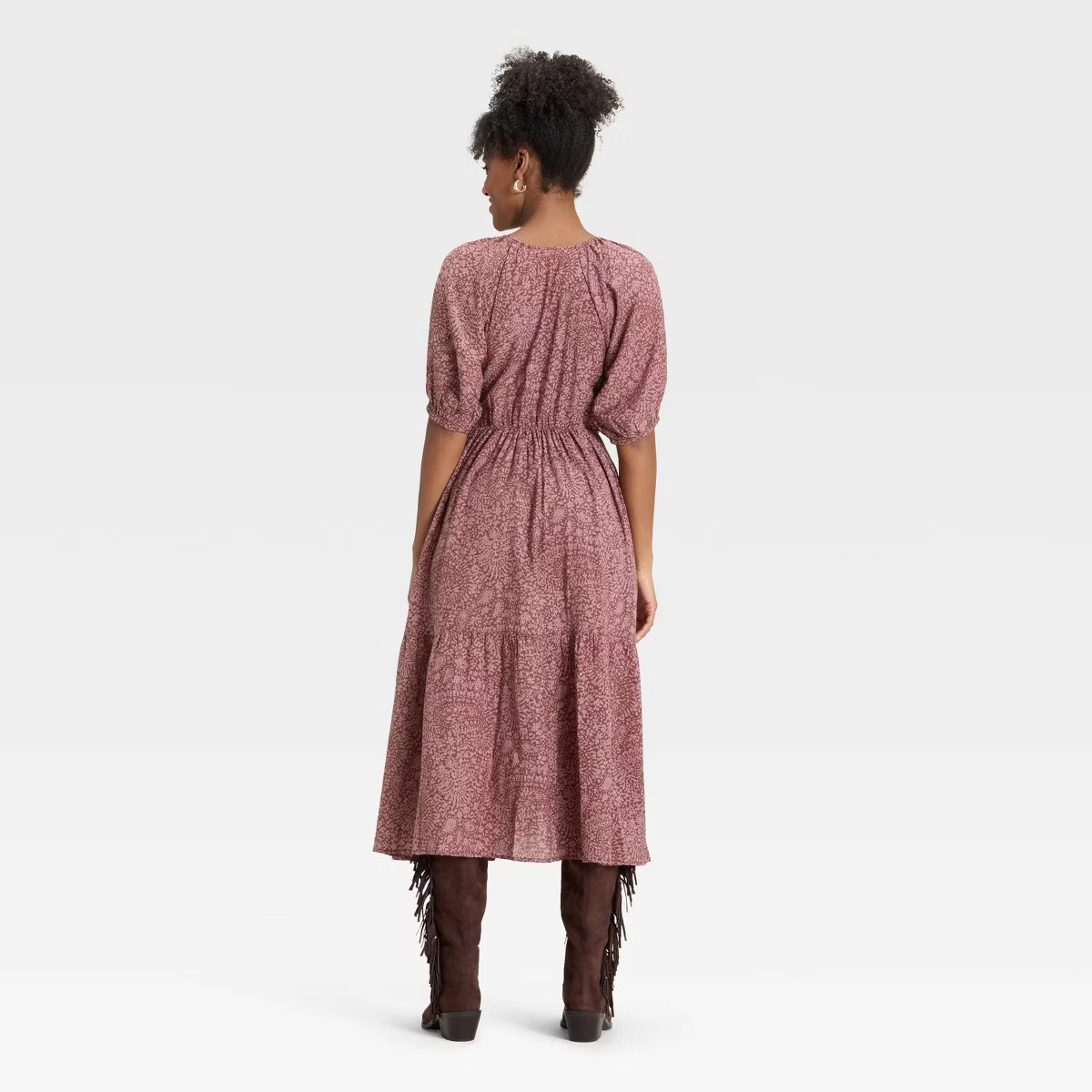 Women's Puff Elbow Sleeve Printed Maxi A-Line Dress - Universal Thread™ Mauve | Target