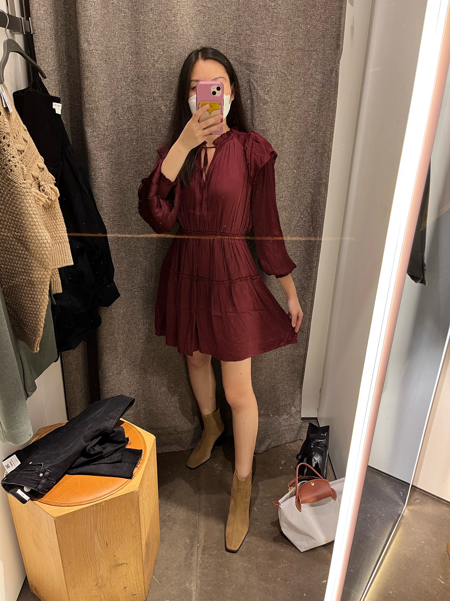 Dress: S / Shoes: 38 - Fall dress / fall outfit / red dress / date night outfit / dress with ruffles / long sleeve dress / burgundy dress / suede boots / suede ankle boots / block heel boots / ankle booties / square toe boots 

#LTKshoecrush #LTKSeasonal #LTKunder100