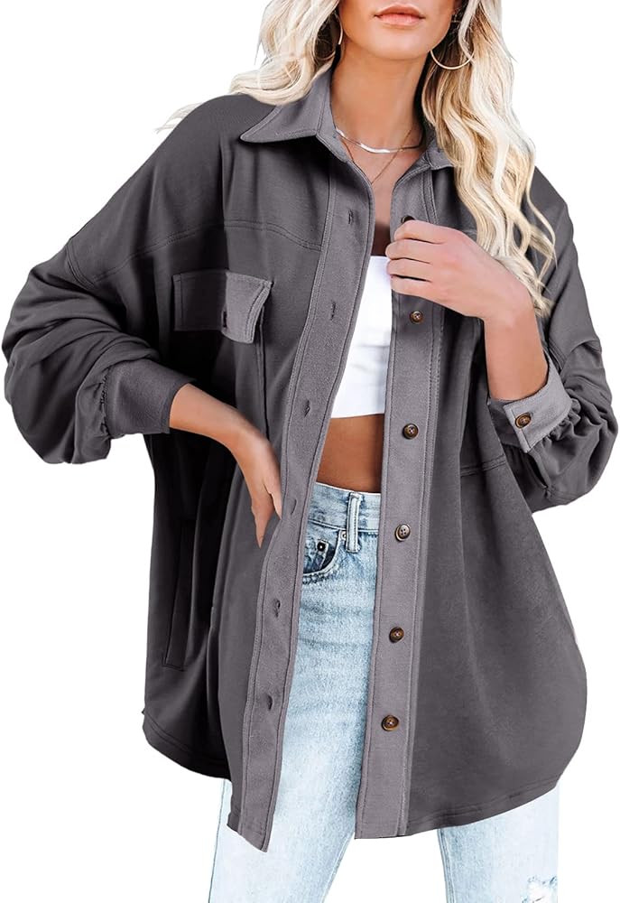 Mafulus Women's Button Down Jacket Shacket Lapel Collar Lantern Long Sleeve Loose Coat with Pockets | Amazon (US)