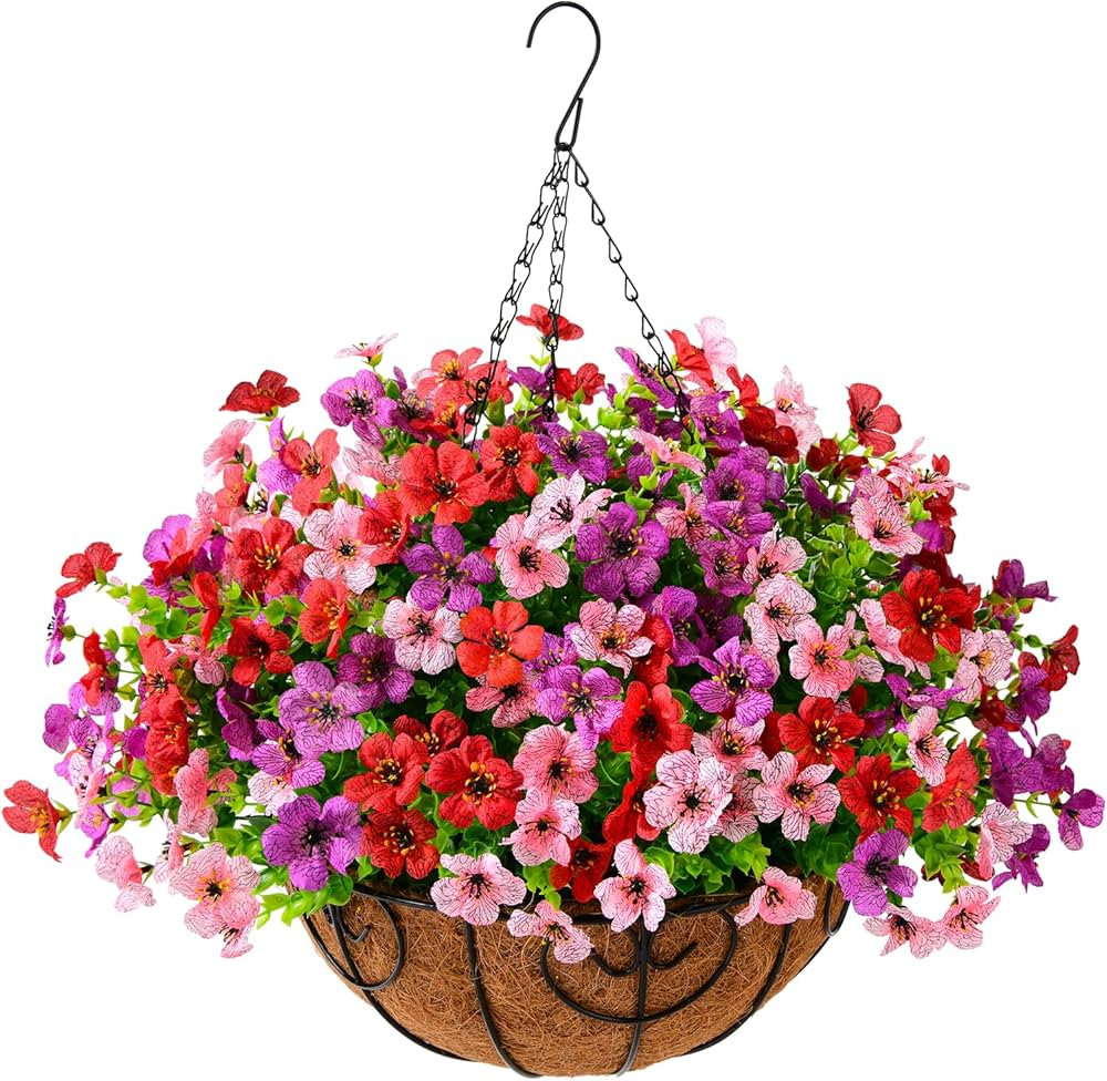 Artificial Faux Hanging Plants Flowers Basket for Outdoor Spring Summer Decoration,Fake Silk Dais... | Amazon (US)