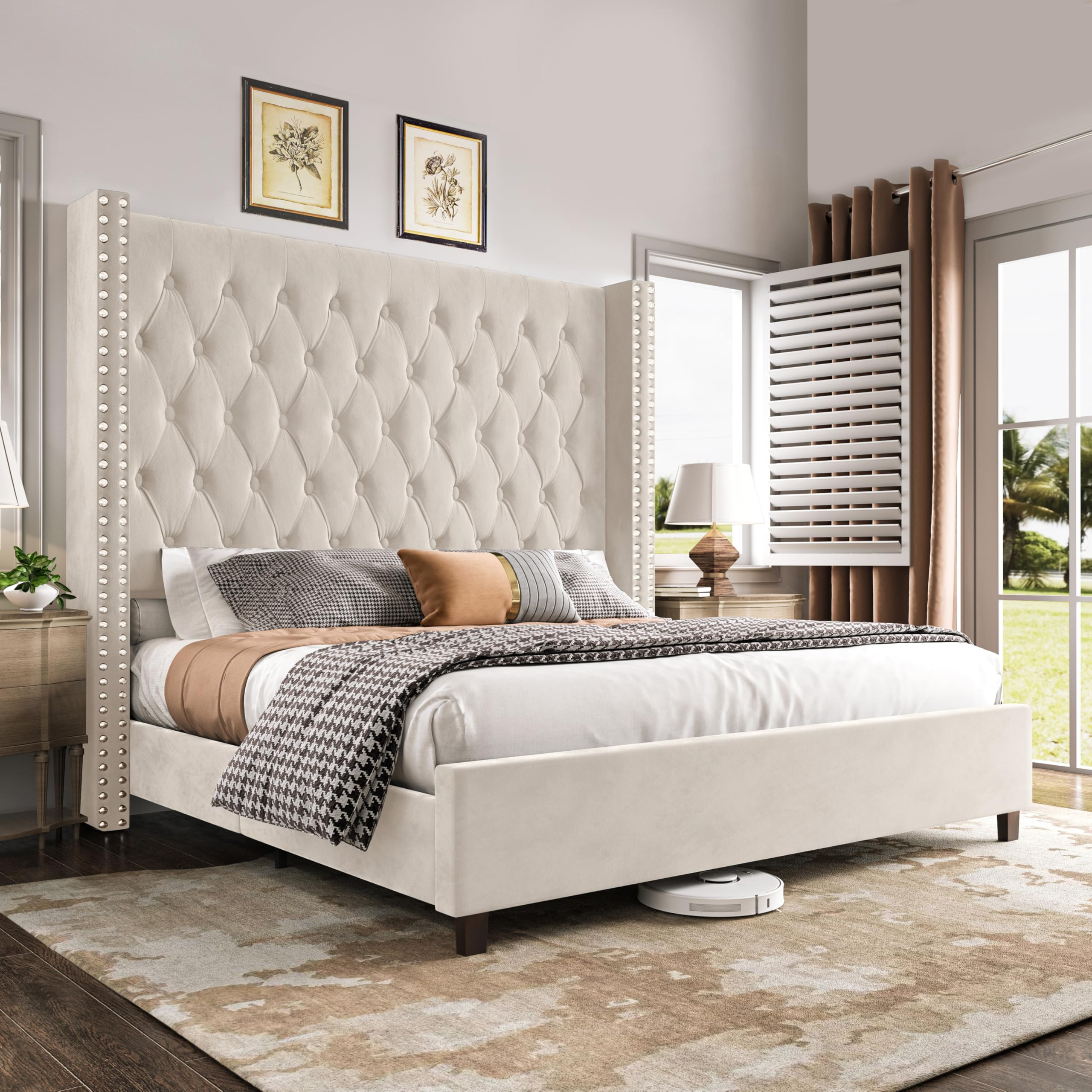 PaPaJet King Size Bed Frame with 61.4" Tall Headboard, Velvet Upholstered Platform and Handmade D... | Amazon (US)