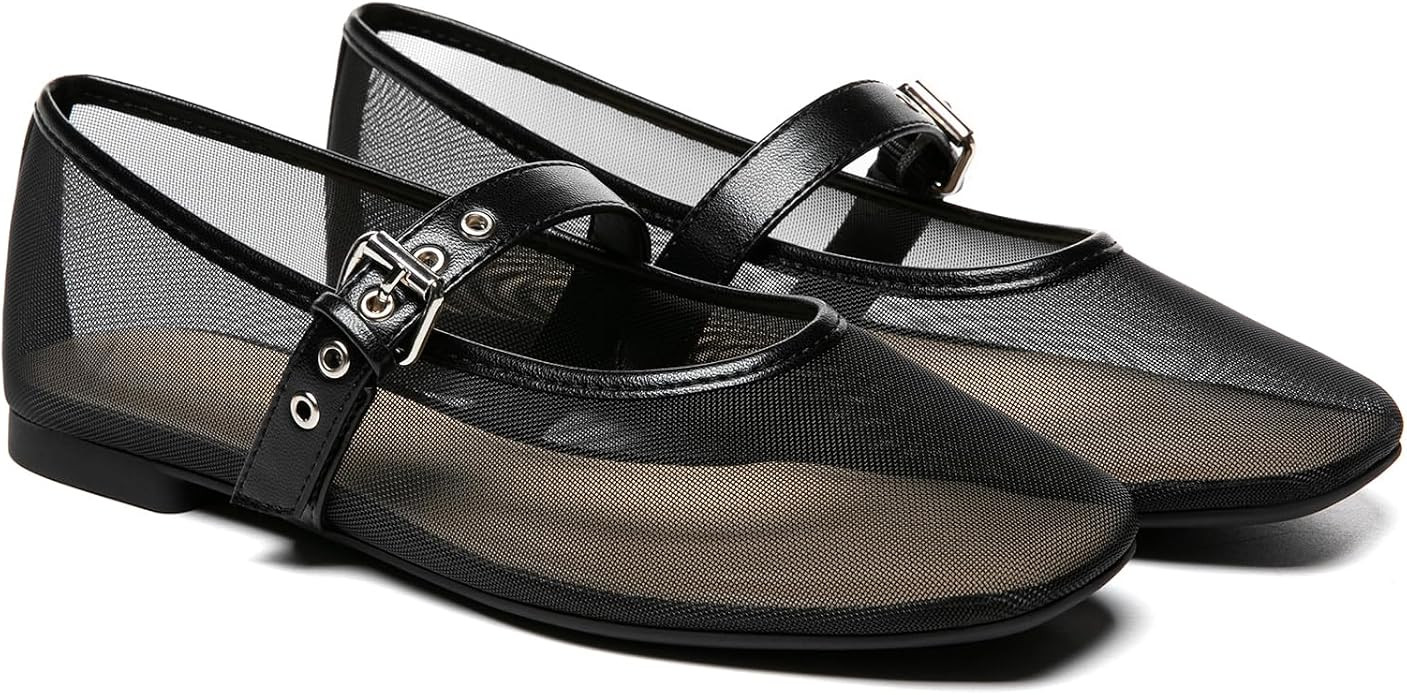 Rihero Mesh Ballet Flats for Women Square Toe Buckle Strap Mary Jane Flats Comfortable Casual Bal... | Amazon (US)