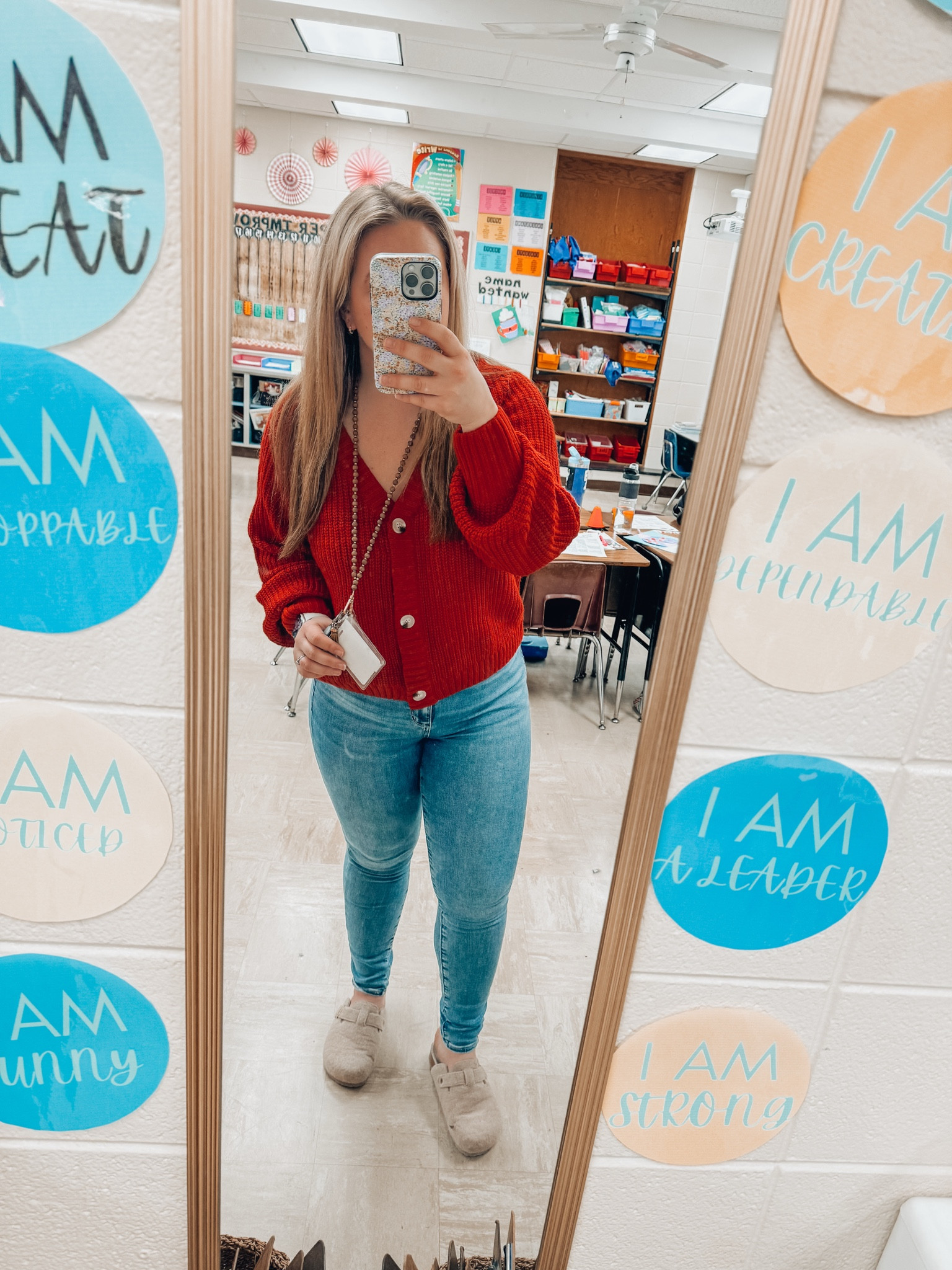 Cute res button down cardigan - Chiefs red sweater - cute casual teacher look - high rise medium wash jeans - buckle slip on clogs - valentines day February look

#LTKMidsize #LTKPetite #LTKFindsUnder50