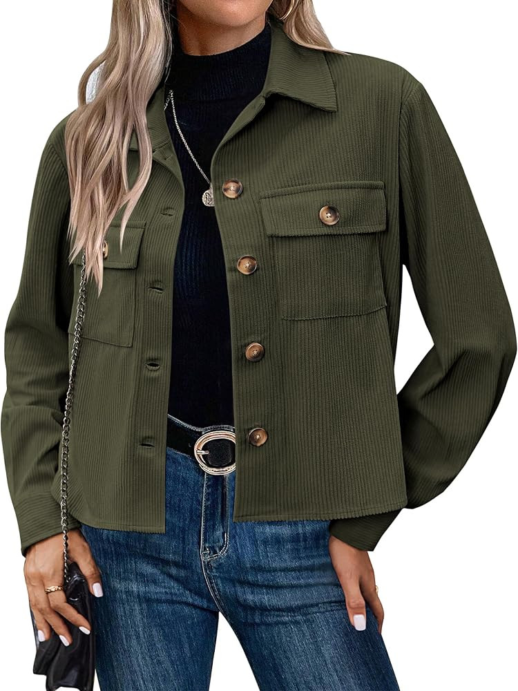 Zeagoo Womens Fashion Cropped Shackets Corduroy Button Down Crop Jackets Tops Long Sleeve Shirts ... | Amazon (US)