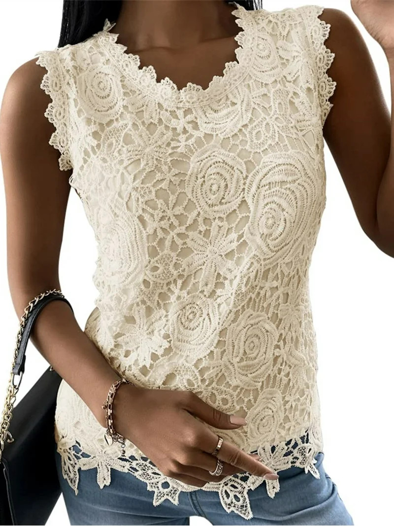 Summer Women's Sleeveless Lace Tank Tops Crew Neck Casual Elegant Lace Camisole Tops | Walmart (US)