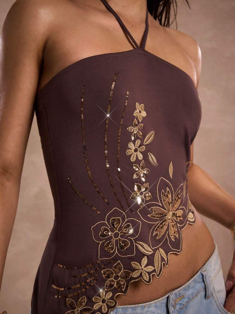 SHEIN BAE Women's Sexy Sequin Floral Embroidery Asymmetric Hem Halter Neck Top, Summer,Spring Break Outfits,Carnival Women Look 2026 ,Going Out Tops,Party Top, Y2K Top,Brown Top,Holiday Outfits For Women,Summer Holiday Outfits,Beach Outfits For Women | SHEIN