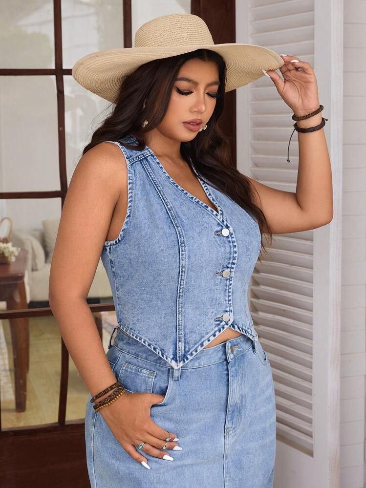 SHEIN ICON Plus Size Denim Casual Fitted Sleeveless Vest, Blue, Summer Beach Vacation, Suitable For Daily Dating, Night Out, Nightclubs, Parties, Get-Together, Pool Parties, Holiday Women, Music Festival, Country Music Festival, Concert, Summer /Cute Summer Tops, Festival/Festival, Rave/Concert/Country Concert /Rave/Rave Festival/Nashville /Ibiza, Elegant, Boho/Bohemia/Boho ;Mother's Day Gift | SHEIN