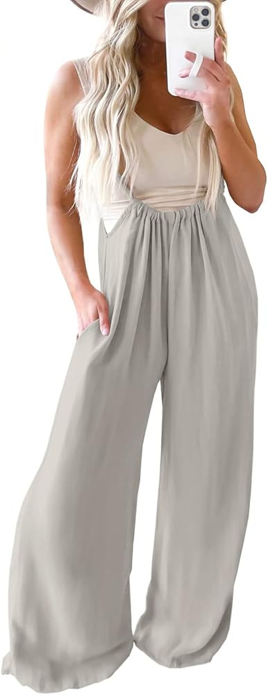 Womens Sleeveless Suspender Overalls Solid Baggy Wide Leg Long Pant Romper with Pockets | Amazon (US)
