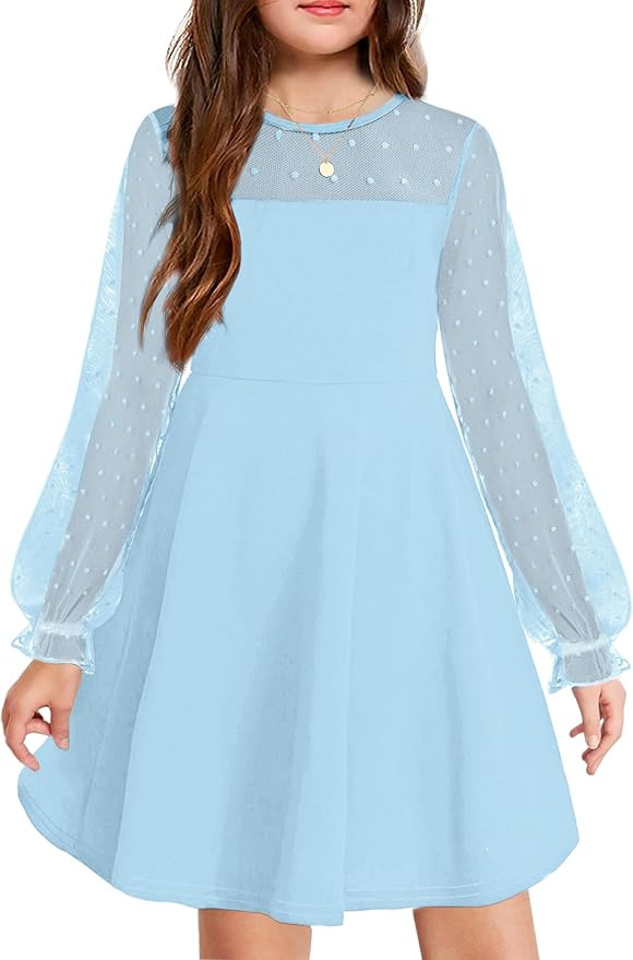 Arshiner Girl's Contrast Mesh Puff Long Sleeve High Waist A Line Short Dress with Pockets for 6-1... | Amazon (US)