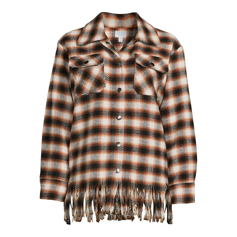 Time and Tru Women's Plaid Fringe Shacket with Snap Front - Walmart.com | Walmart (US)