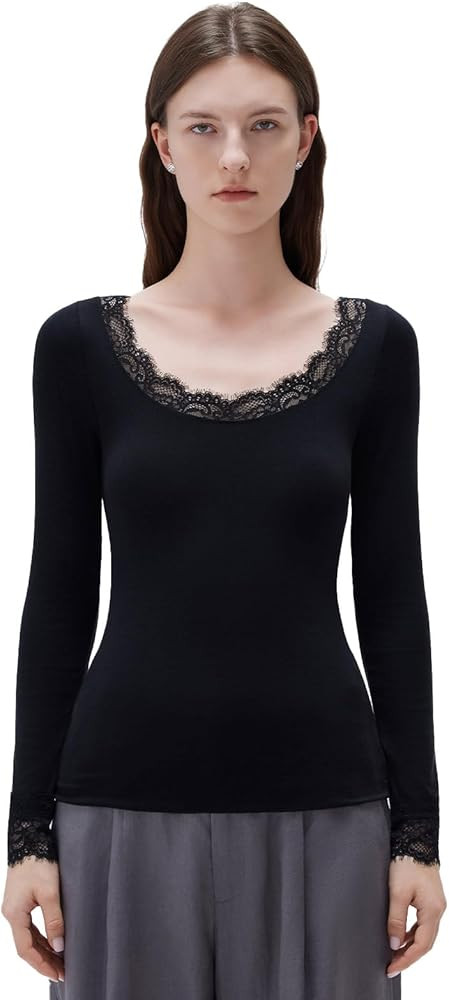 SUUKSESS Cloud Cashmere Women Lace Scoop Neck Tops Basic Long Sleeve Knit Shirts | Amazon (US)