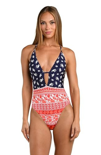Sunshine 79 Women's Plunge Mio One Piece Swimsuit, Multi//Flowers and Stripes, 10 | Amazon (US)
