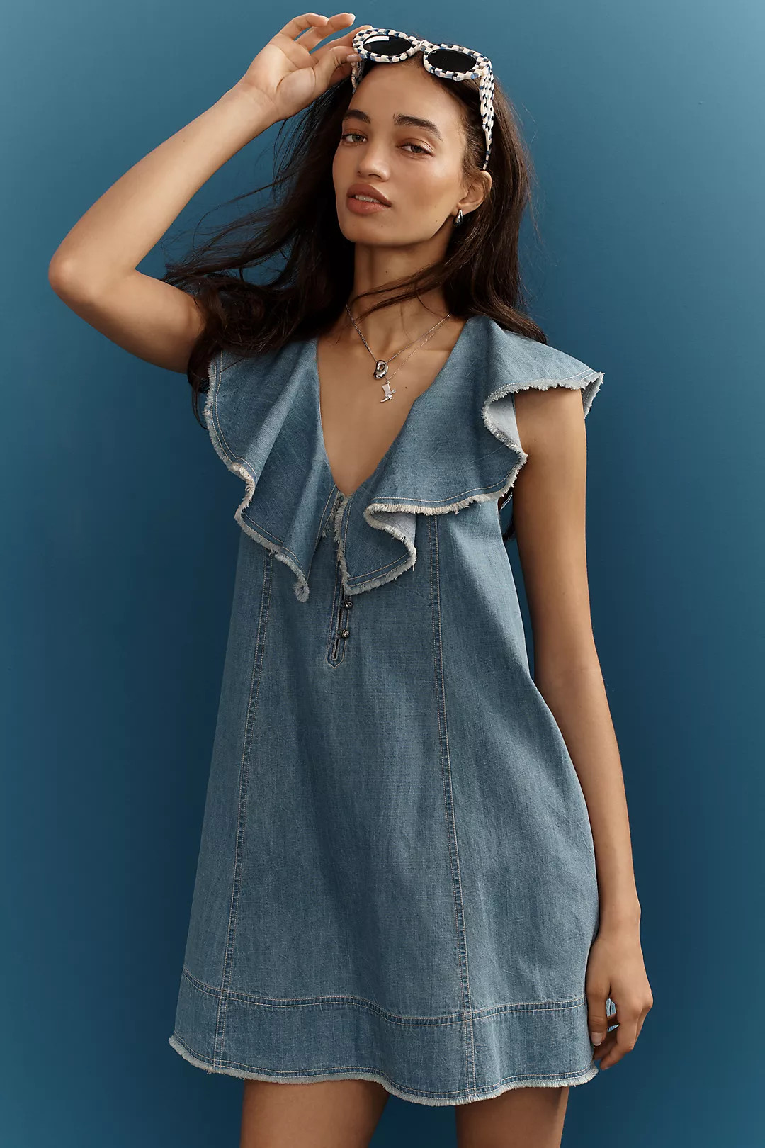 Pilcro V-Neck Ruffle Denim Mini Dress | Anthropologie (US)