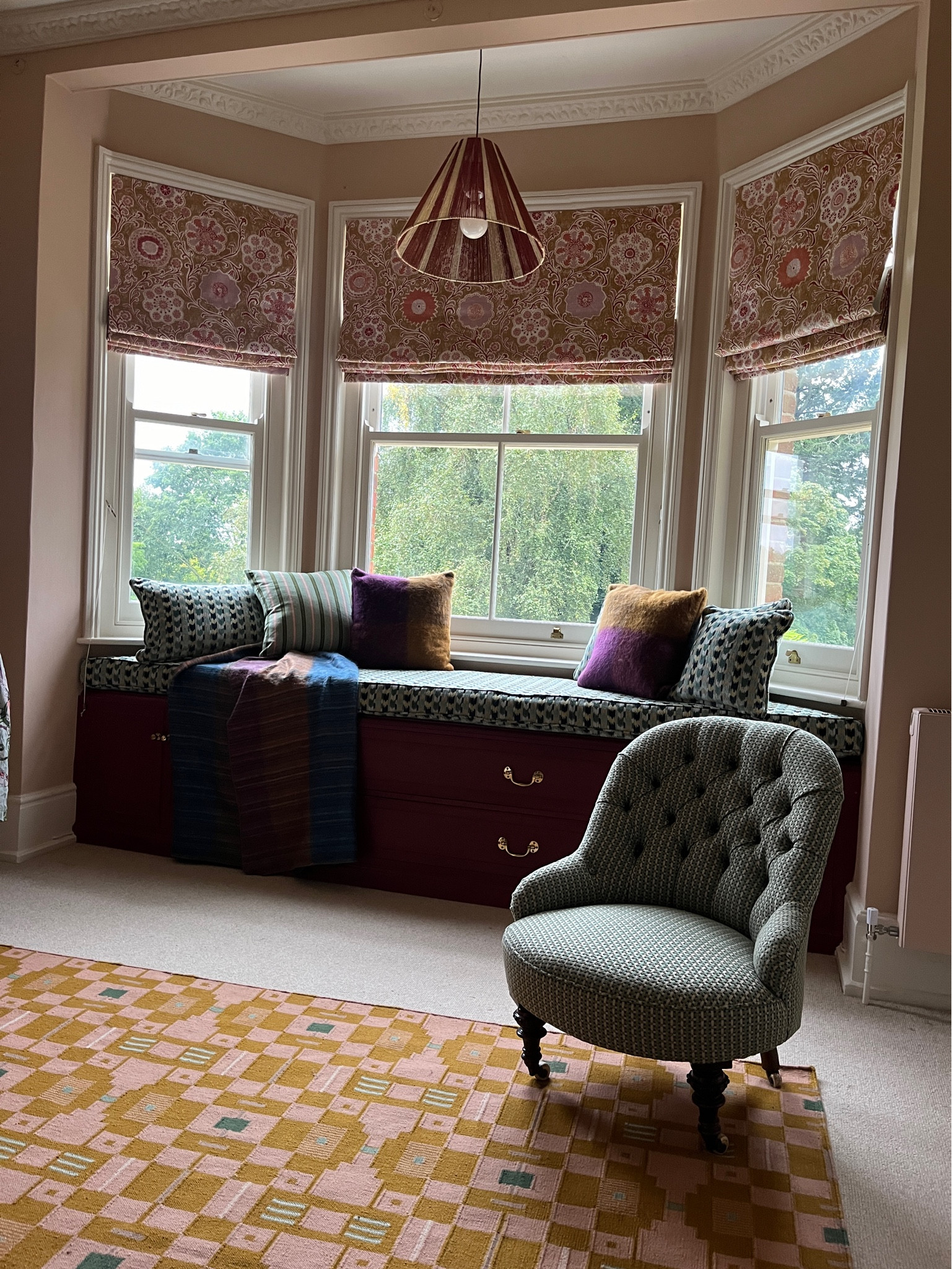 Bay window in a main bedroom complete with mohair cushions and bespoke blinds  

#LTKhome