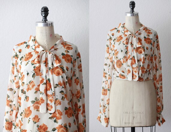 Chiffon retro yellow rose button down long sleeve blouse | Etsy | Etsy (US)