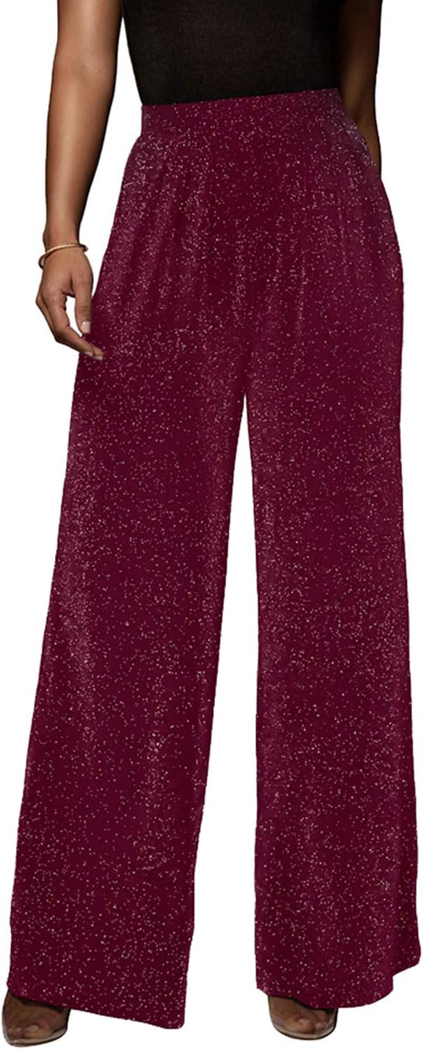 GUOLEZEEV Women High Elastic Waist Wide Leg Palazzo Pants Casual Loose Long Pant Trouser | Amazon (US)